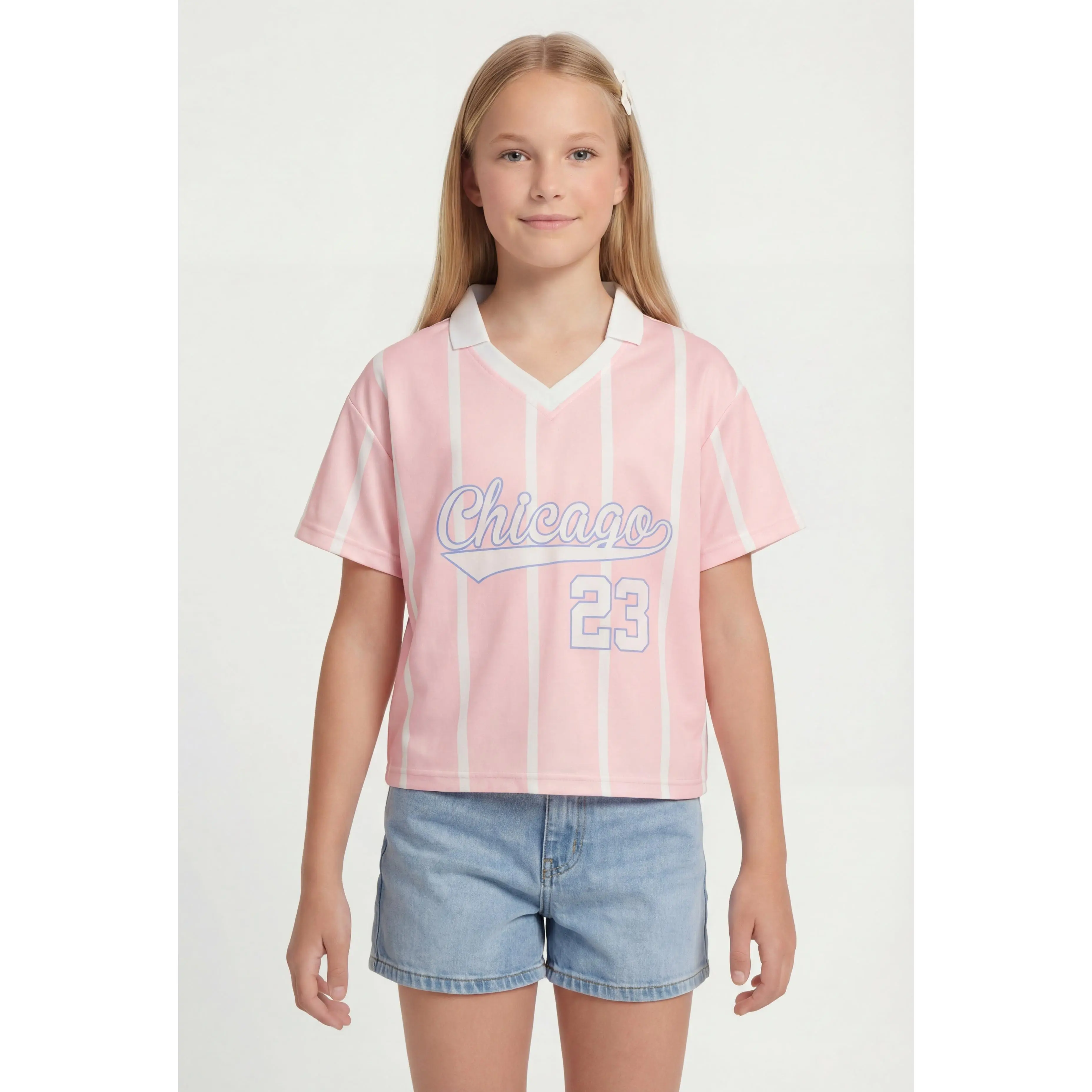 Girls Striped Chicago 23 Graphic Baseball Jersey