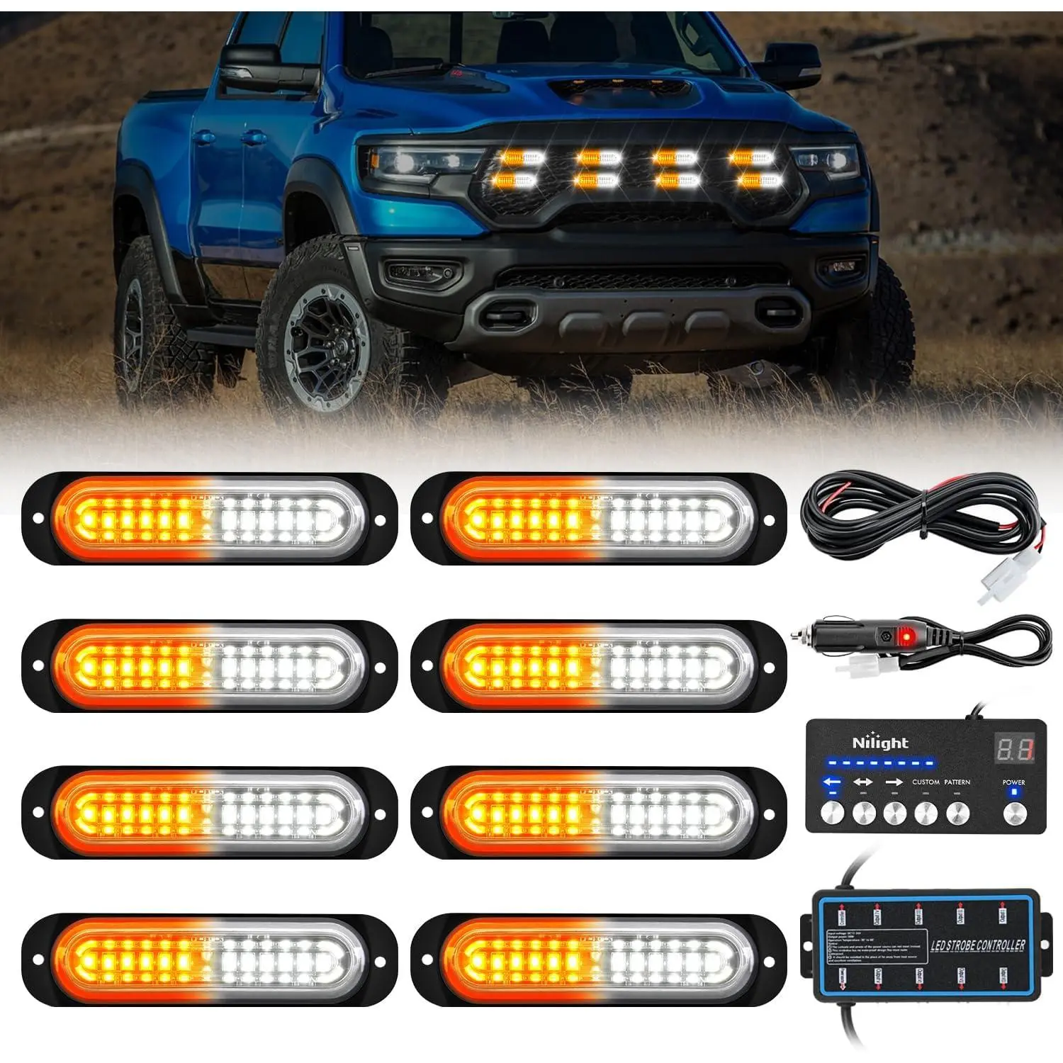 Nilight 8PCS 12-LED Strobe Kit with Strobe Module, 12-24V DC Synced Flashing Units, Controller & Aluminum Alloy Base, Surface-Mount for Cars, Trucks, RV, Strobe Light Module