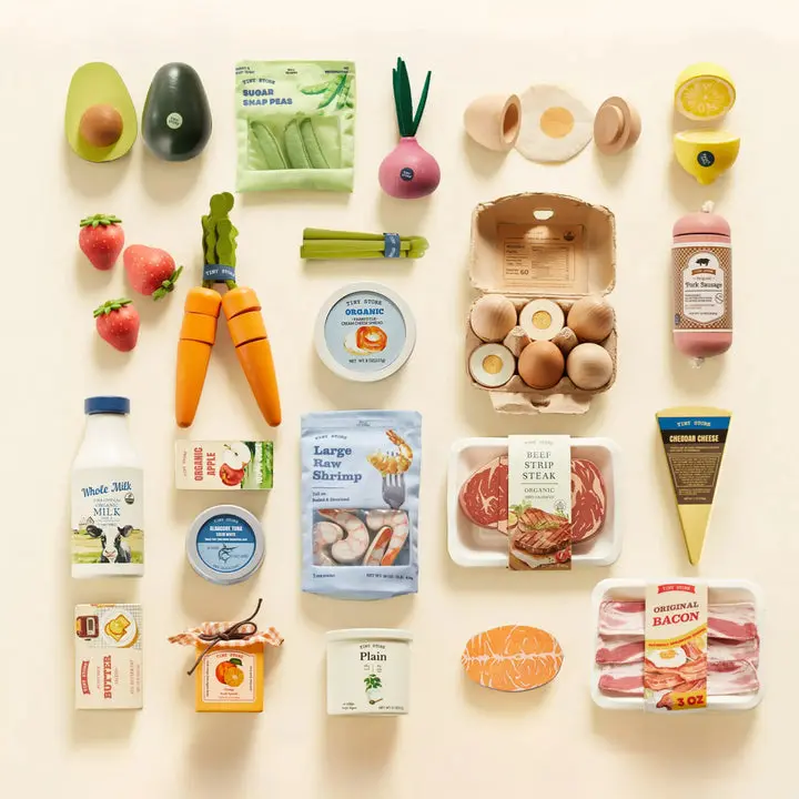 Tiny Land 4-Set Wooden Play Food Collection for Kids, Meat, Dairy, Fruit, Vegetable and Egg Grocery Toys