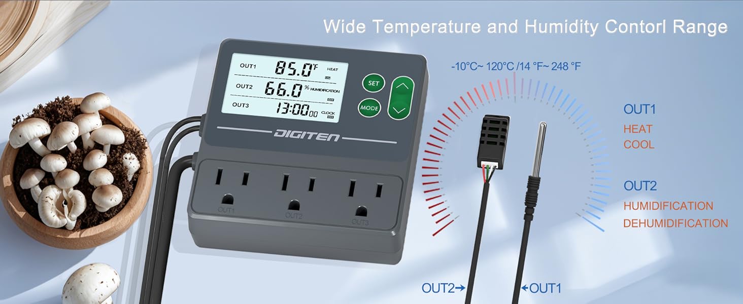 DIGITEN Temperature and Humidity Controller with Timer - 3 Outlet, 2 Separate Probes, Plug in Temperature Controller for Reptiles,Snake, Mushrooms, Tent, Triple Control for Temp,Humidity,Time