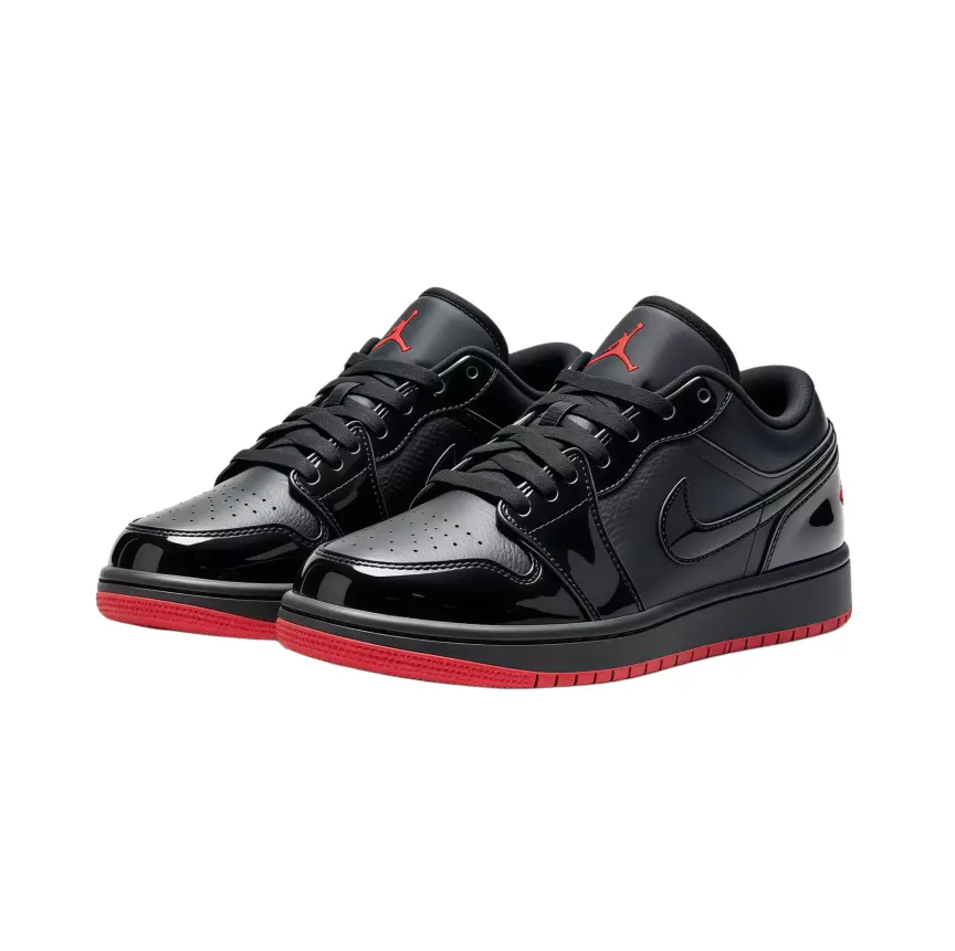 Black Red Glossy Low Top Sneakers | Unisex | Patent Leather Patchwork Upper | Perforated Breathable Toe | Non-slip Wear-resistant Rubber Sole | Trendy Casual Style