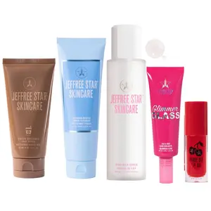 Jenni's Hydrated Glow Kit - Wyoming Winter Cream Cleanser, Star Milk Toner, Coffee Grounded Face Scrub, Glimmer Glass 'Glistening Gold', Lip Oil 'Cherry Popsicle'