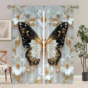 2pc black and gold butterfly pattern printed white curtains/door panels, with rod pocket design.  A perfect gift for friends, suitable for dormitories, bedrooms, living rooms, kitchens, dining rooms, studies, cafes, hotels, and apartment home decor