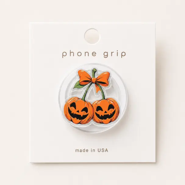 Pumpkin Cherry Bow MagSafe Phone Grip, Twin Jack O Lantern Magnetic Phone Holder, Cute Halloween Acrylic Phone Stand, Spooky Fall Gift for Her