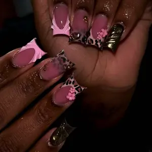 24 Pcs Long Duck Bill Nails, Leopard French Tips, 3D Flowers & Details, Glossy False Nails, Y2K Style, Nail Art Design, Reusable, Includes Jelly Glue & Nail File