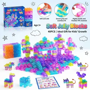Soft Jelly Building Blocks – 40PCS Multicolor Soft Stackable Sensory Toy for Kids, Squeeze & Stretch Non‑Toxic, STEM Preschool Learning, Creative Play & Bath Toy, Ideal Birthday Gift for Age 3+
