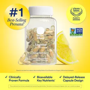 Ritual Essential for Women Prenatal Multivitamin: Folate & Choline for Neural Tube Support, Omega-3 DHA for Fetal Brain Development, Iron, Calcium-Helper D3 & K2, Non-GMO, Vegan, Citrus