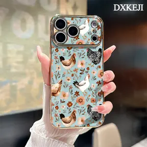 Electroplated Phone Case for iPhone 17 15 Pro Max Air 16 14 Plus 13 12 11 Chickens among flowers Soft TPU Silicone Dirt-proof Easy to Clean Soft Cover Gift
