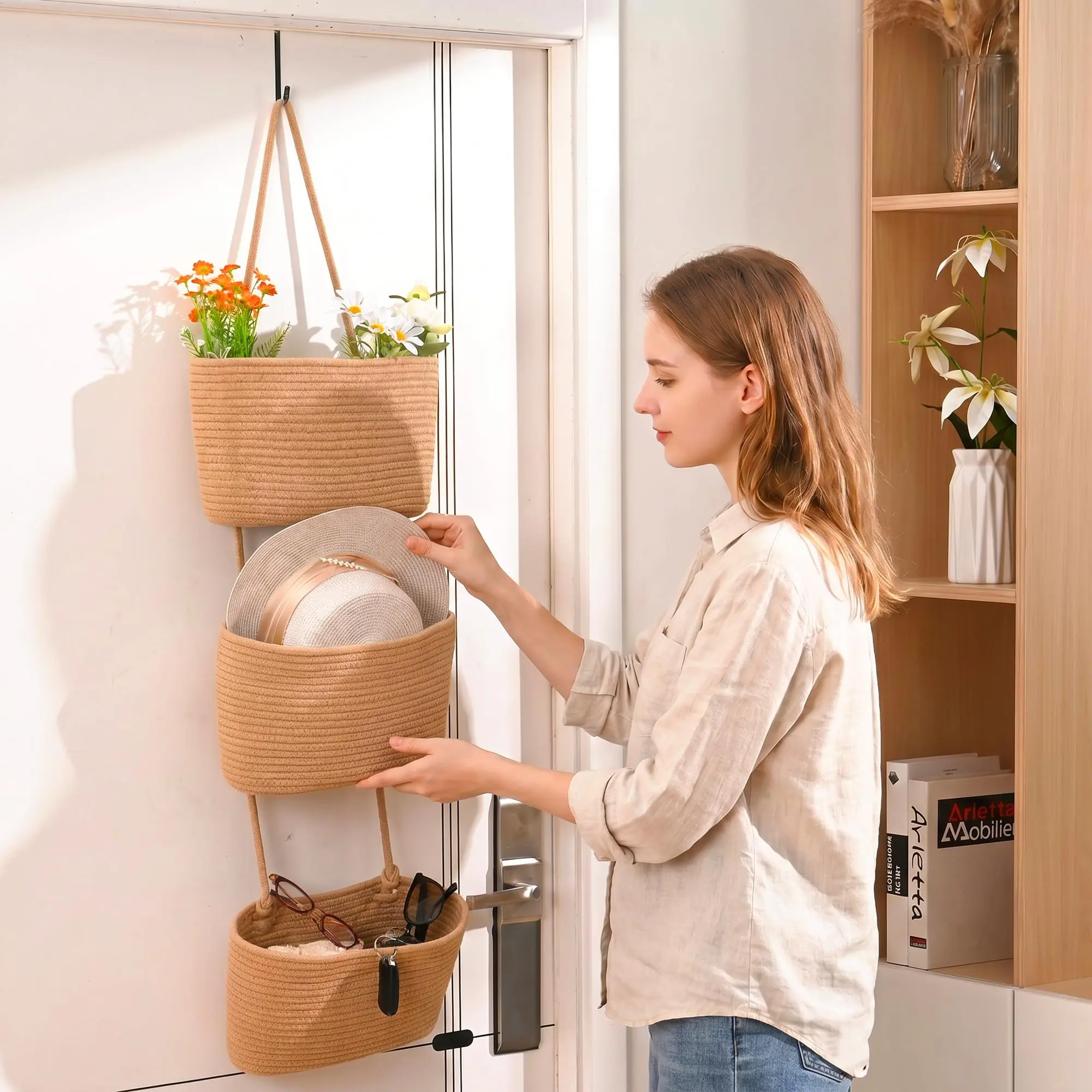 14in 3-Tier Woven Cotton Jute Over-the-Door Hanging Basket, Wall Mount Storage Organizer, Natural Decor Basket for Dorm, Nursery Diapers, Toys & Bathroom Household Organization