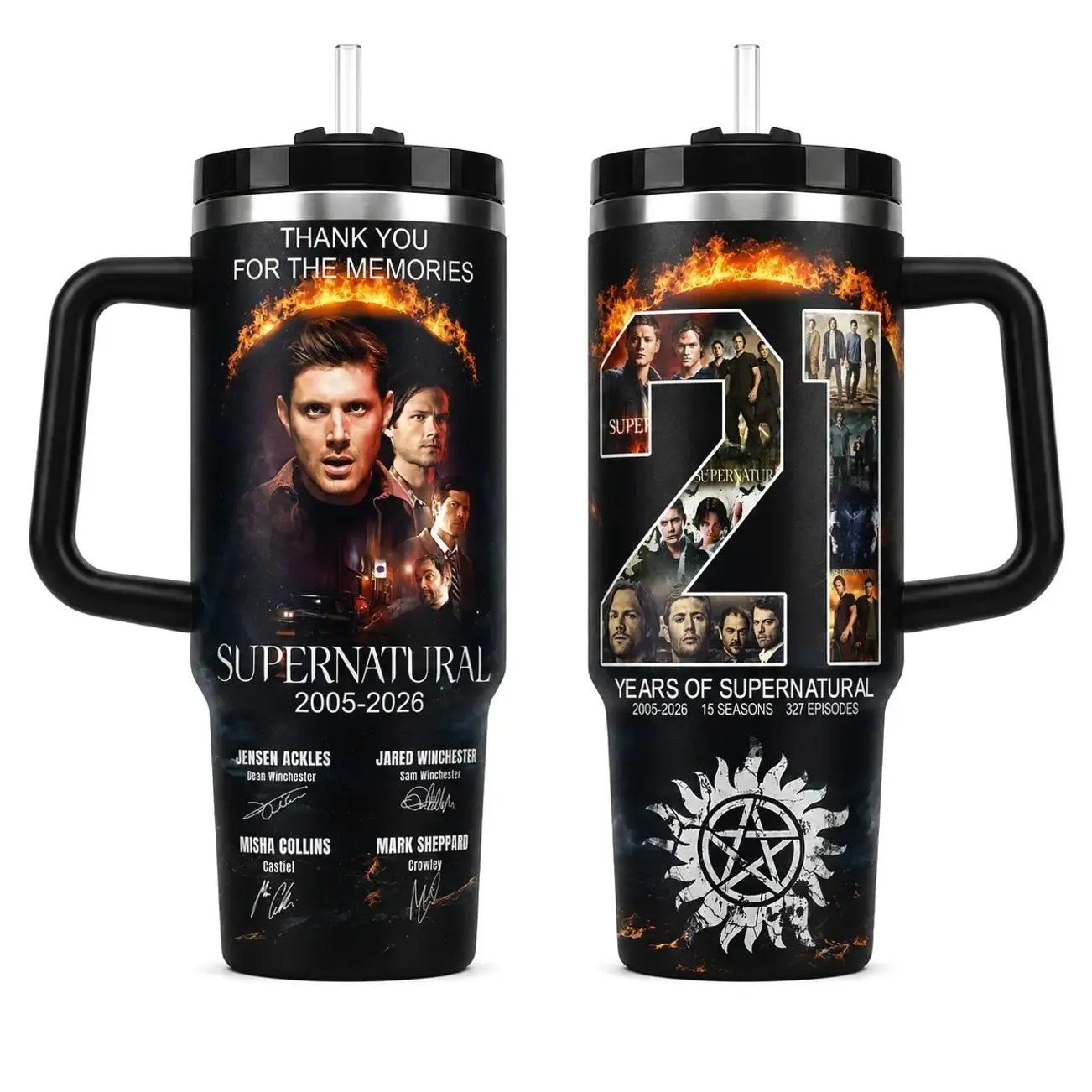 Supernatural Inspired Winchester Brothers Tumbler, 21st Anniversary Hunting Things Travel Cup, Stainless Steel Insulated Tumbler with Handle, Gothic Family Gift, 30oz 40oz
