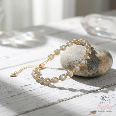Sofia Natural Moonstone Wire Wrapped Bracelet | 14K Gold Filled Wired Bracelets | 5MM Beads Boho Style Jewelry, Gifts for her, Mother's Day Gift, Bracelets For Women, Mothers Day Gift Sister