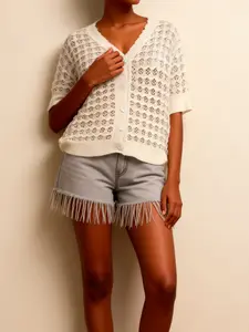 Women's Boho Bohemian Style Summer V-Neck Long Sleeve Pullover, Casual Chic Plain Design, Large Size, Perfect for Vacation Wear, Top, Breathable