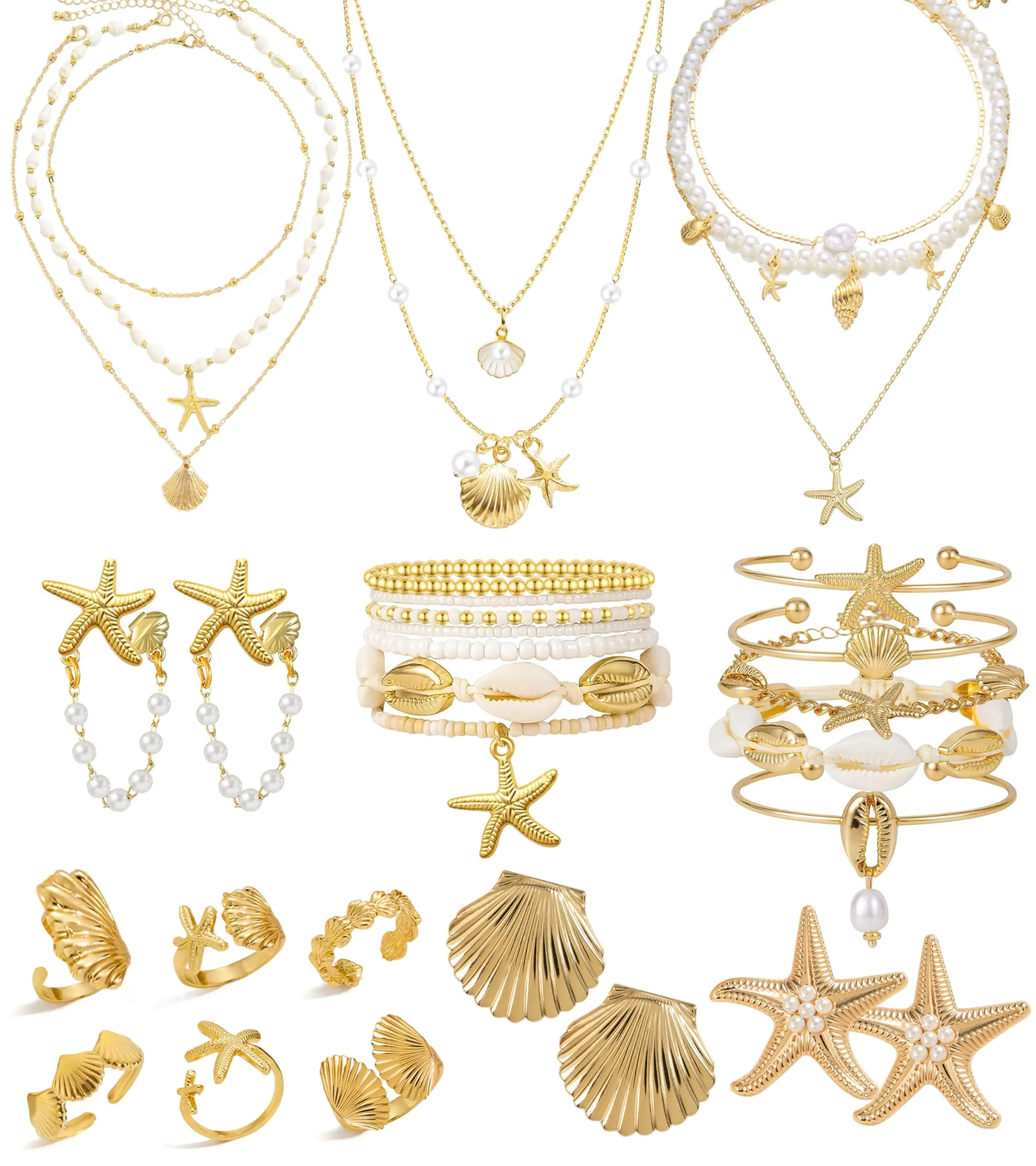 32PCS Starfish Seashell Jewelry Set for Women | Layered Necklace Bracelets Set | Stackable Shell Starfish Rings | Stud Earrings & Pearl Jewelry Set | Beach Vacation Accessories | Summer Fashion Jewelry | Pearl Earrings | Gift for her|