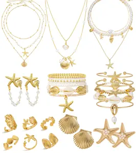 32PCS Starfish Seashell Jewelry Set for Women | Layered Necklace Bracelets Set | Stackable Shell Starfish Rings | Stud Earrings & Pearl Jewelry Set | Beach Vacation Accessories | Summer Fashion Jewelry | Pearl Earrings | Gift for her|