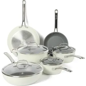 10 Piece PFA Free Non-Toxic Titanium Ceramic Nonstick Interior Forged Aluminum Cookware Pots and Pans Set - Linen White - Induction Compatible