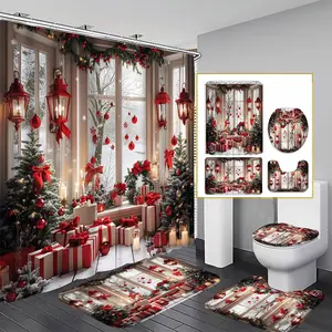 1/3/4PCS Christmas Element Decorative Shower Curtain Set, 71x71 Inches, Includes Background Pattern, Comes with 12 Hooks, 1/3/4pcs Options