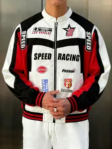 Men's Racing Style Colorblock Jacket, Patchwork Design, Multiple Badges, Windproof Stiff Fabric, Streetwear Party Essential