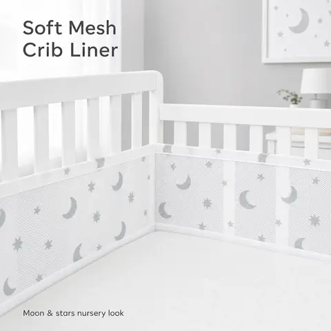 KVZKVZ Full-Size Nursery Mesh Crib Guard - 4mm Deluxe Mesh Liner Cover, White Ruffles, 4FS Size, Crib Padding for Sides, Covers 3 or 4 Sides, Moon & Star Design