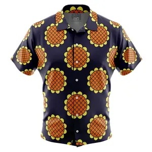 Navy Blue Monkey D. Luffy Lucy Dressrosa One Piece Button Up Hawaiian Shirt | Cool Summer Ape Anime Vibes for Men & Fans for adults and children