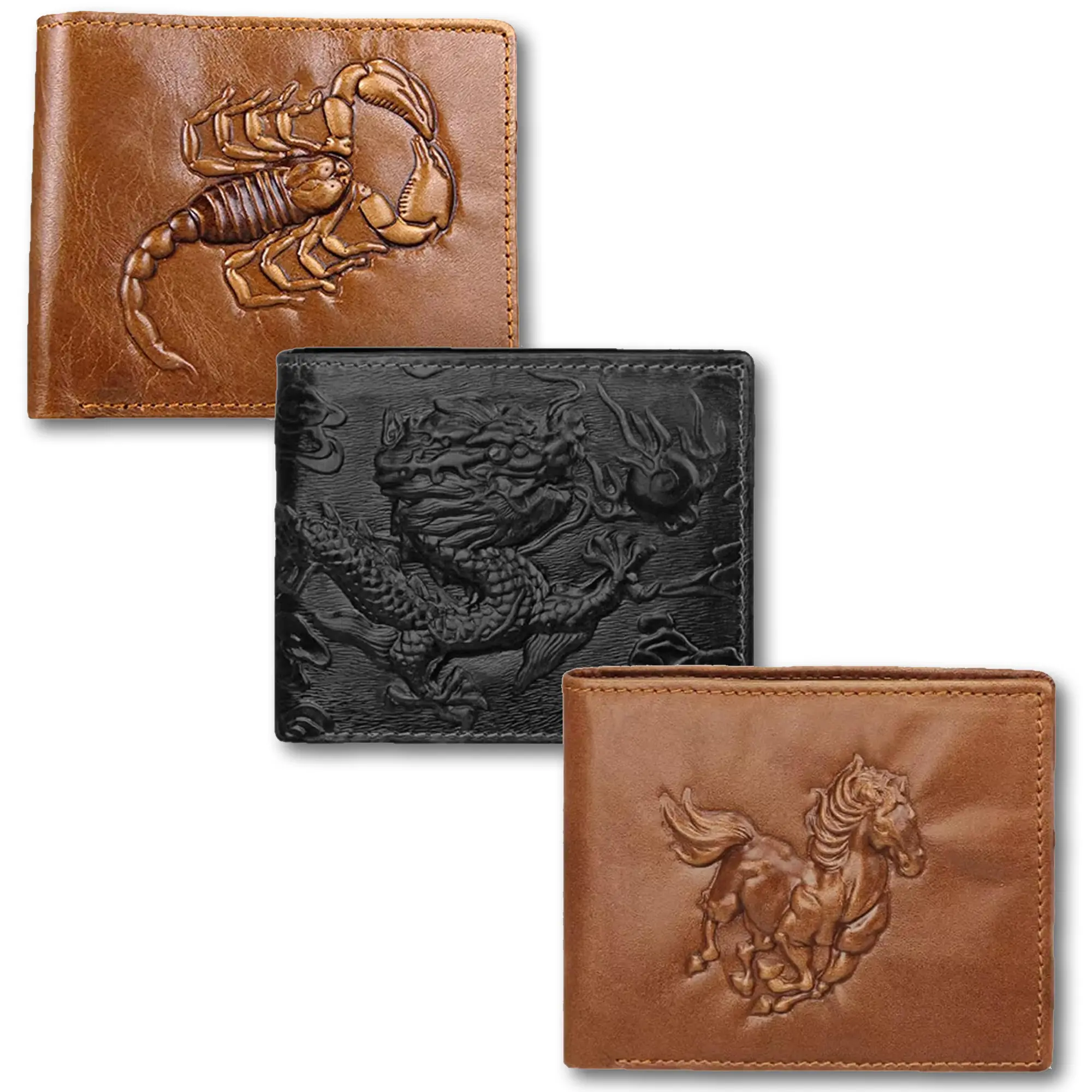 Real Genuine Leather Short Bifold Wallet for Men RFID Blocking 3D Print Retro Vintage Embossed Scorpion Dragon Horse Design Authentic Leather Compact Practical