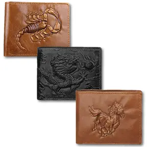 Real Genuine Leather Short Bifold Wallet for Men RFID Blocking 3D Print Retro Vintage Embossed Scorpion Dragon Horse Design Authentic Leather Compact Practical