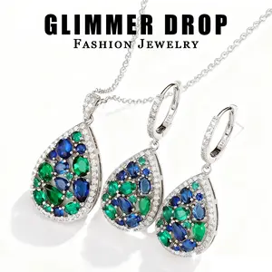 【Glimmer Drop】Blue-Green Gemstone Jewelry Set, Long Necklace, Earrings, Monet's Garden Colored Gemstone Collection Accessories Statement Design Sapphire Art Inspiration Thoughtful Gift