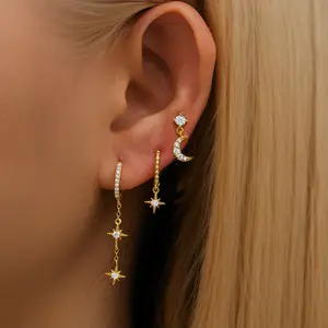 Earrings Set Moon Star CZ Butterfly Dainty Stud Hoop Earrings for Three Holes Earrings Stack Small Cute Piercing Jewelry Gift for Women