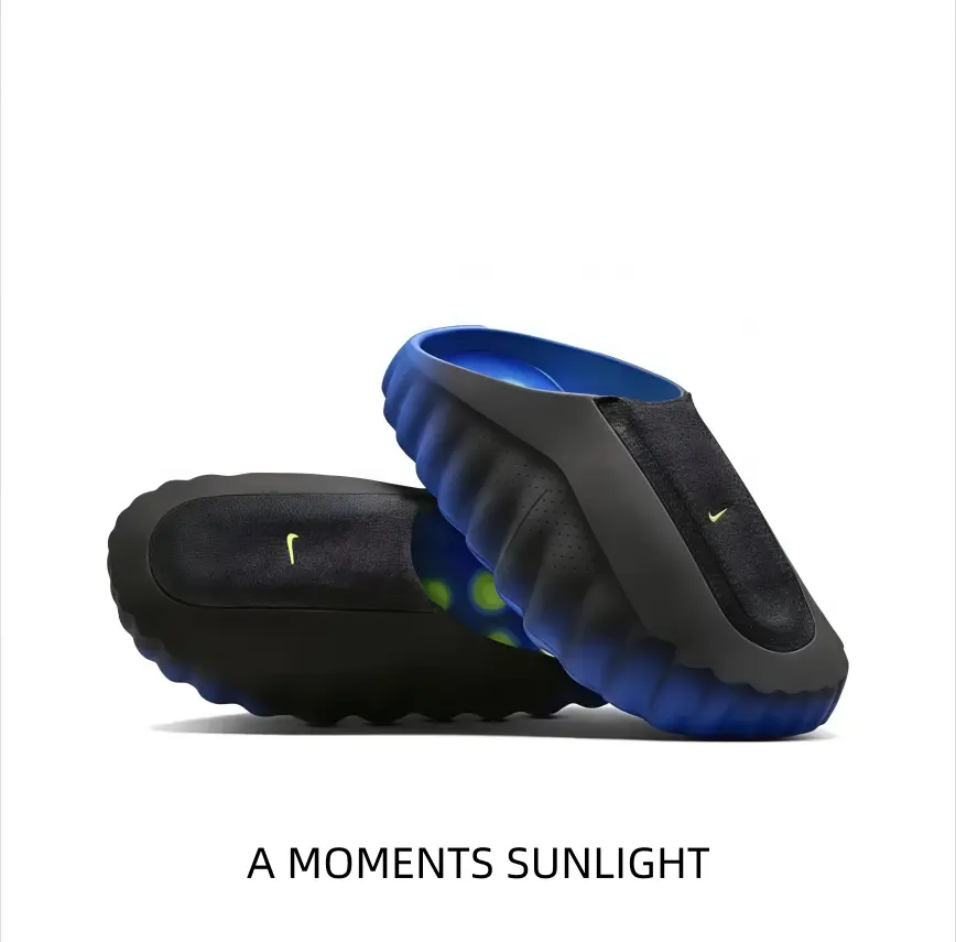Matte Ombre Black-to-Blue Seamless Foam Slide Sandals for Sports Collectibles Accessories - Micro Vent Holes, Ergonomic Arch Support Insole, Curved Wavy Shock-Absorbing Outsole, Quick-Dry Beach Shower Water Shoes