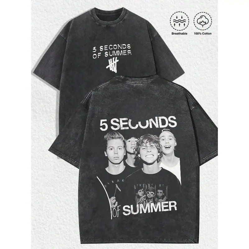 Washed T-shirt Retro 5SOS Hoodie, 5 Seconds Of Summer Concert Graphic Tee, Double-Sided Printed Tee, Gift For Fans