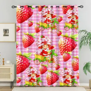 Vintage Strawberry Shortcake Curtains, 2 Panels Pink Gingham Giant Strawberry Print Thermal Insulated Sun Block Blackout Drapes, Cute Cartoon Kids Curtains for Girls Bedroom, Kawaii Fruit Home Decor
