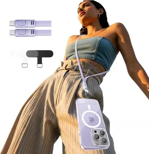 LISEN Crossbody Lanyard Teacher 60W USB C Cable for iPhone Air 17 16 15 Anti-Theft Phone Chain Crossbody Phone Strap for Most Smartphones Cell Phone Neck Holder for Women Desert Gold Silicone Metal Pad Transparent