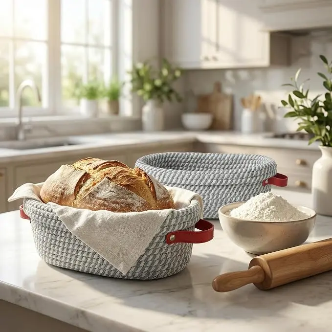 Cotton Rope Oval Banneton Bread Proofing Basket with Liners & Covers, Home Storage Basket for Artisan Sourdough Baking Supplies