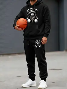 Men's Hoodie and Sweatpants Set, Casual Matching Set, Fashion Cool Stylish Sunglasses Bear Design, Casual Wear, Comfortable Fit, Daily Use Preferred, Hooded Sweatshirt Set