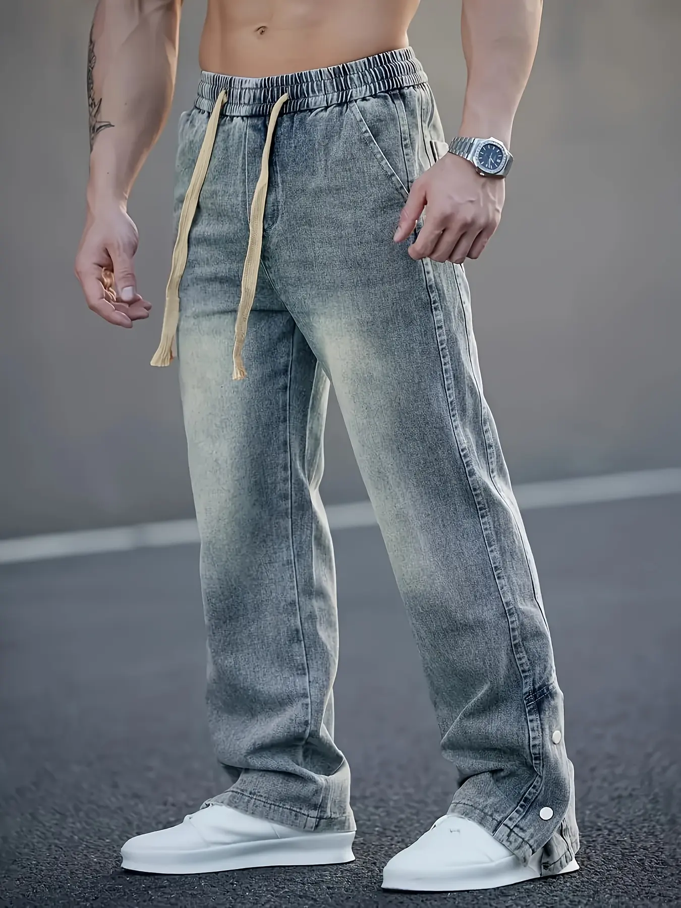 Men's Elastic Waist Baggy Jeans, Vintage Washed Drawstring Denim Pants with Button Hem, Streetwear Casual Trousers