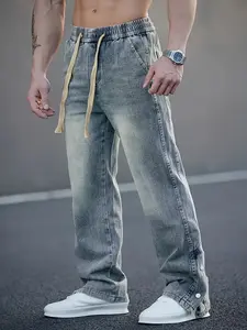 Men's Elastic Waist Baggy Jeans, Vintage Washed Drawstring Denim Pants with Button Hem, Streetwear Casual Trousers