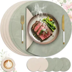 4/6-piece set of 36 cm round PU leather placemats and coasters, that is, 4/6 placemats and 4/6 coasters, double-sided, wipeable and easy to clean, suitable for kitchen, dining room, and outdoor use, available in multiple colors