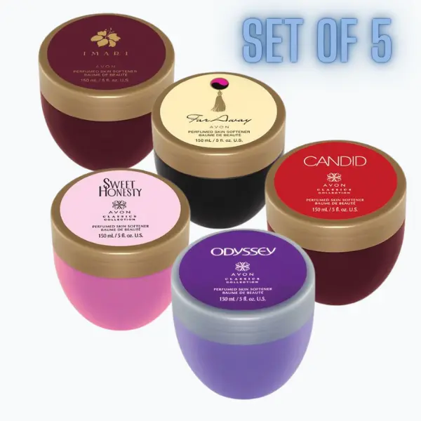 Avon Skin Softener SET of 5 - Far Away, Odyssey, Sweet Honesty, Candid and Imari - 2.6 oz Each. Perfumed Floral Skin Softener Set