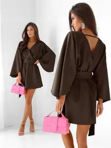 Women's Lightweight Casual Commuter Dress, Simple Loose Batwing Sleeve, V Neck, Waist Belt, Back Cutout, Perfect for Dating and Work, Fitted, Style