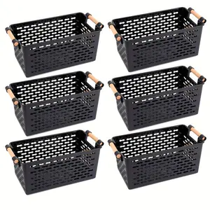 6Pcs Stackable Durable Plastic Storage Baskets with Handles, Open-Top Ventilation Holes, Lightweight Organiser Pack for Camping Cupboards, Kitchen Organization