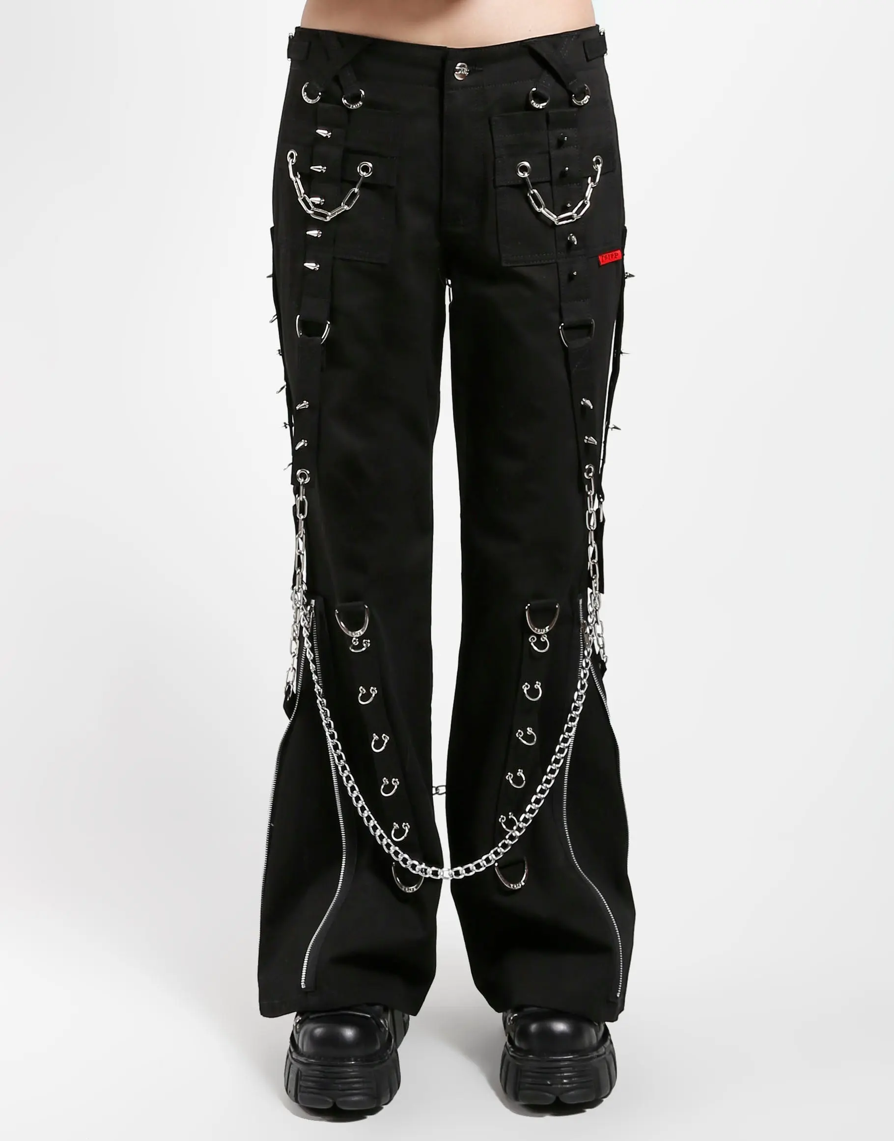 Women's Casual Cotton Pants with Removable Straps, Flat U-Chain Bottom, Studs, Rhinestones - Cold Wash Friendly for Edgy Look