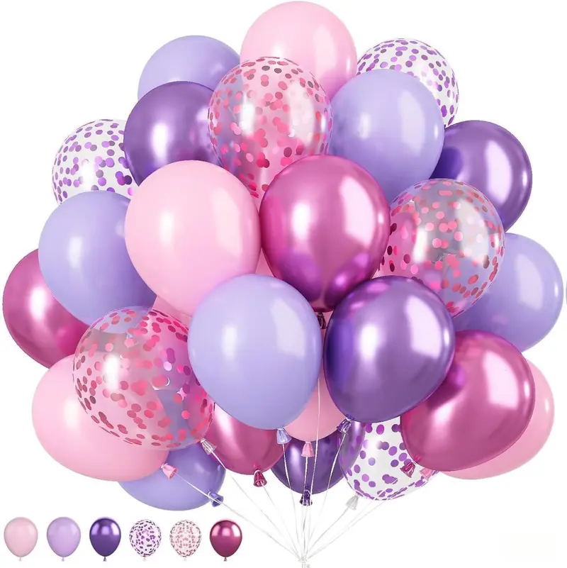 [New Deal] 50PCS 12 Inch Pink Purple Balloons: Metallic & Confetti, Party Balloons for Birthday, Wedding, Baby Shower, Unisex Adults & Children