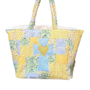 Quilted Church Bag - Yellow Fabric Bag with Cross, Heart and Floral Patterns, Featuring Colorful Patchwork Design