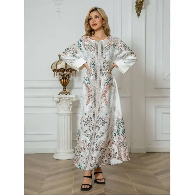 Elegant Floral Print Long Sleeve Abaya Dress