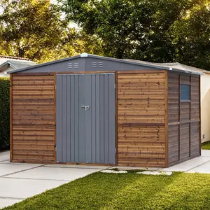 8x10 FT Outdoor Storage Shed with Double Doors & Windows | Iron-Wood Combination Tool Shed with Ventilation | Weatherproof Garden Shed for Backyard, Patio, Lawn | Heavy Duty Outdoor Storage Building | Dark Gray & Wood