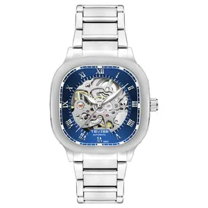 TEVISE Men's Large Square Dial Mechanical Watch Transparent Case Stainless Steel Band Visible Movement No Battery Gift