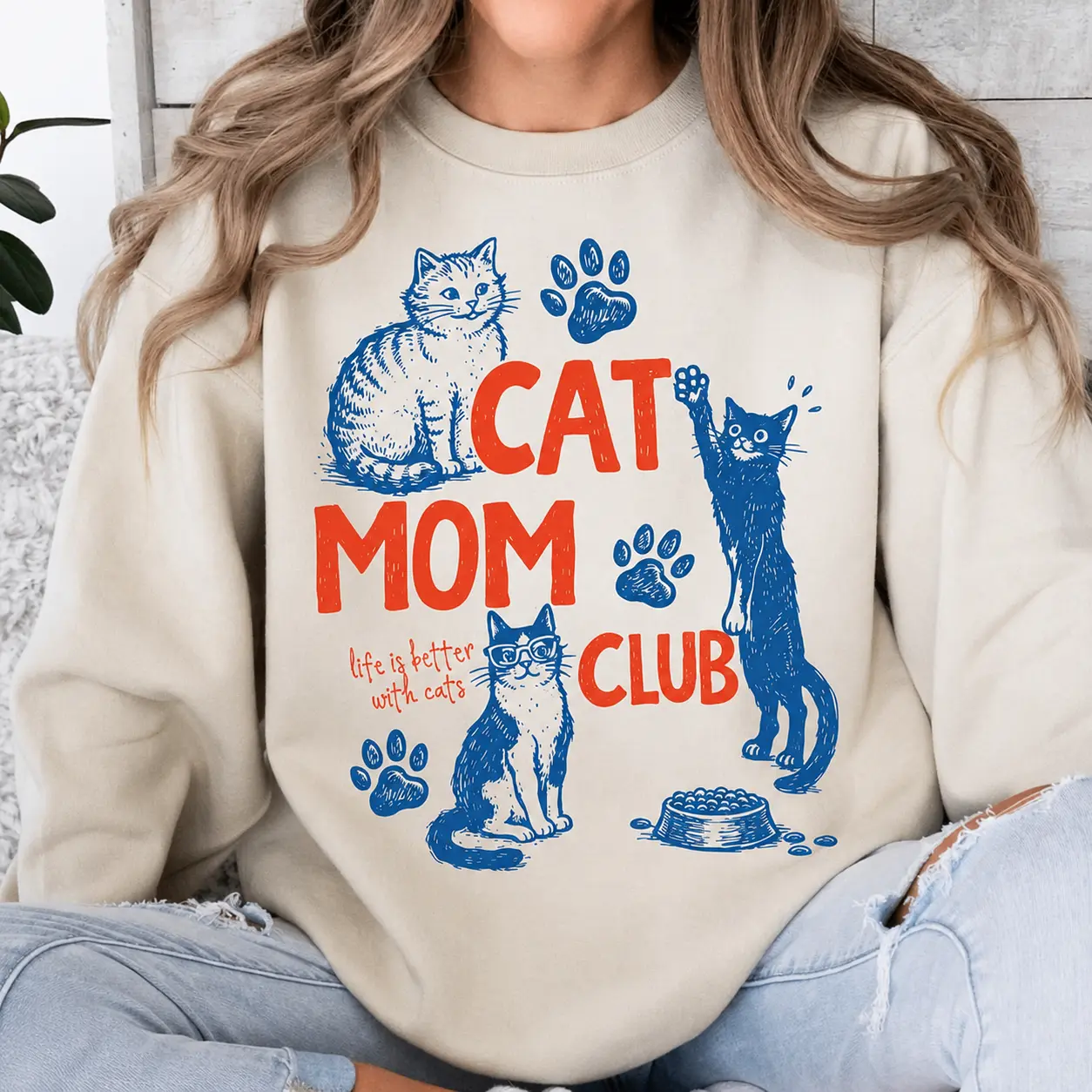 Cat Mom Club Sweatshirt, Cute Cat Mom Crewneck, Funny Cat Lover Pullover, Vintage Cat Graphic Sweatshirt, Cozy Gift for Cat Mom Women Apparel Fabric