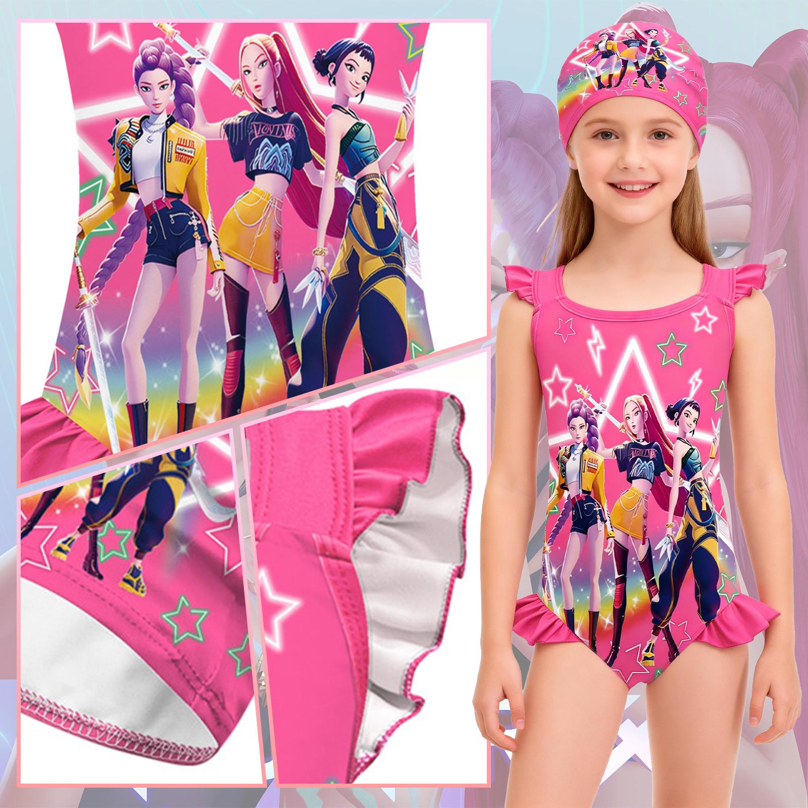 KPop  Inspired Girls Swimsuit Set, Includes Separate Swim Cap, Cute K-pop Anime Bathing Suit for Kids, Soft Stretch Summer Swimwear