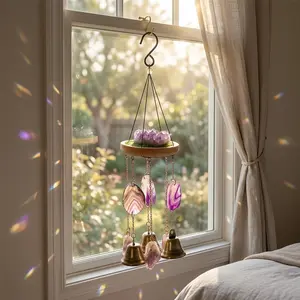 Bohemian Purple Amethyst Wind Chimes - Natural Agate Slice & Metal Bell Hanging Decorative Ornament, Aesthetic Home Decor for Bedroom Window & Garden, Special Holiday Gift, Windchimes