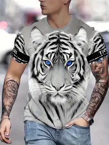 Men's New 3D Tiger Print T-Shirt, Short Sleeve Round Neck Casual Streetwear Polyester Tee, Slim Fit, Summer Wear