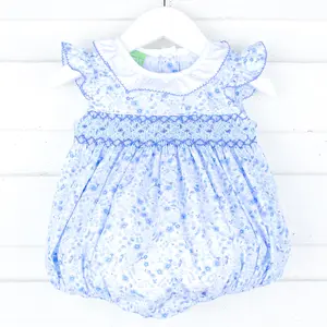 Blue Summer Floral Smocked Collared Bubble - Sweet Spring & Summer Outfit for Baby & Toddler Girls